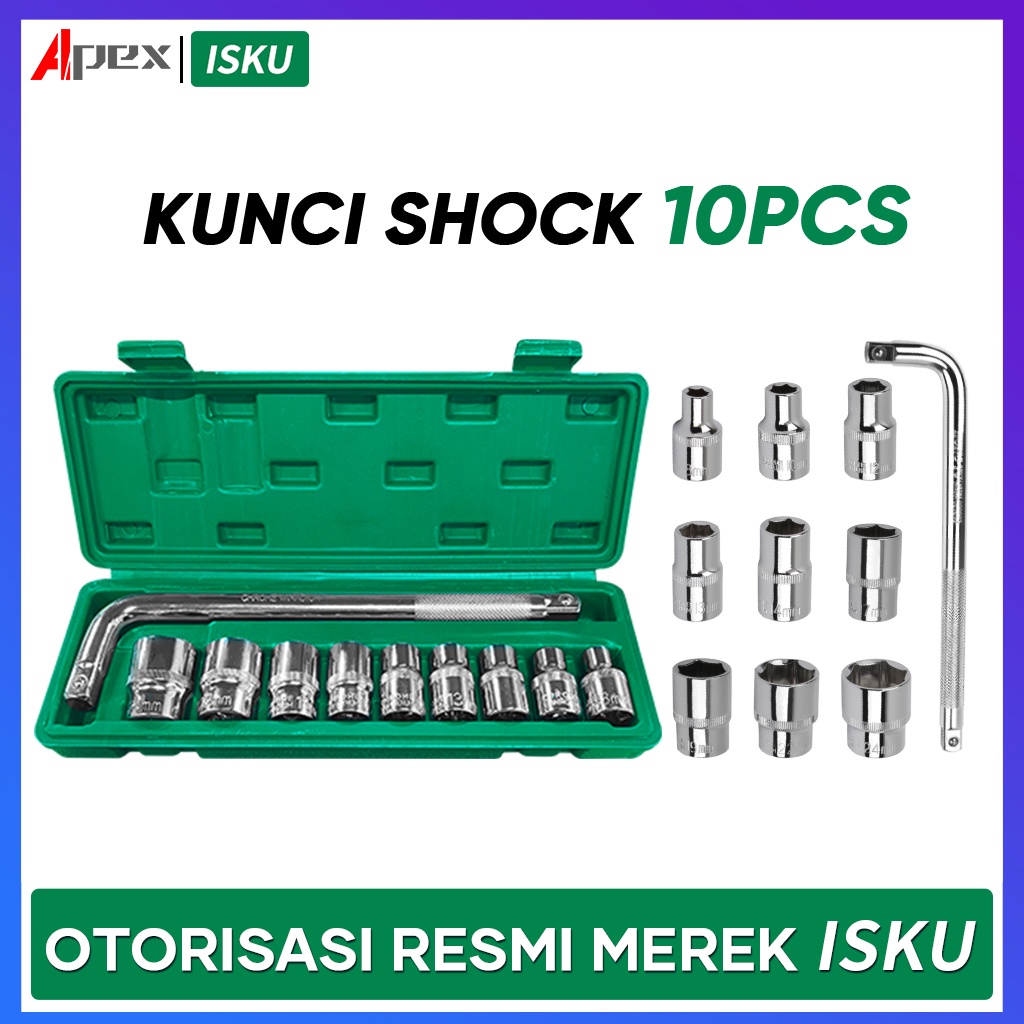 ISKU Kunci Shock Set 10pcs 8-24mm/Socket Kunci Set Motor/Socket Wrench Set Sok/mata sok 1/2 inch 6 pt