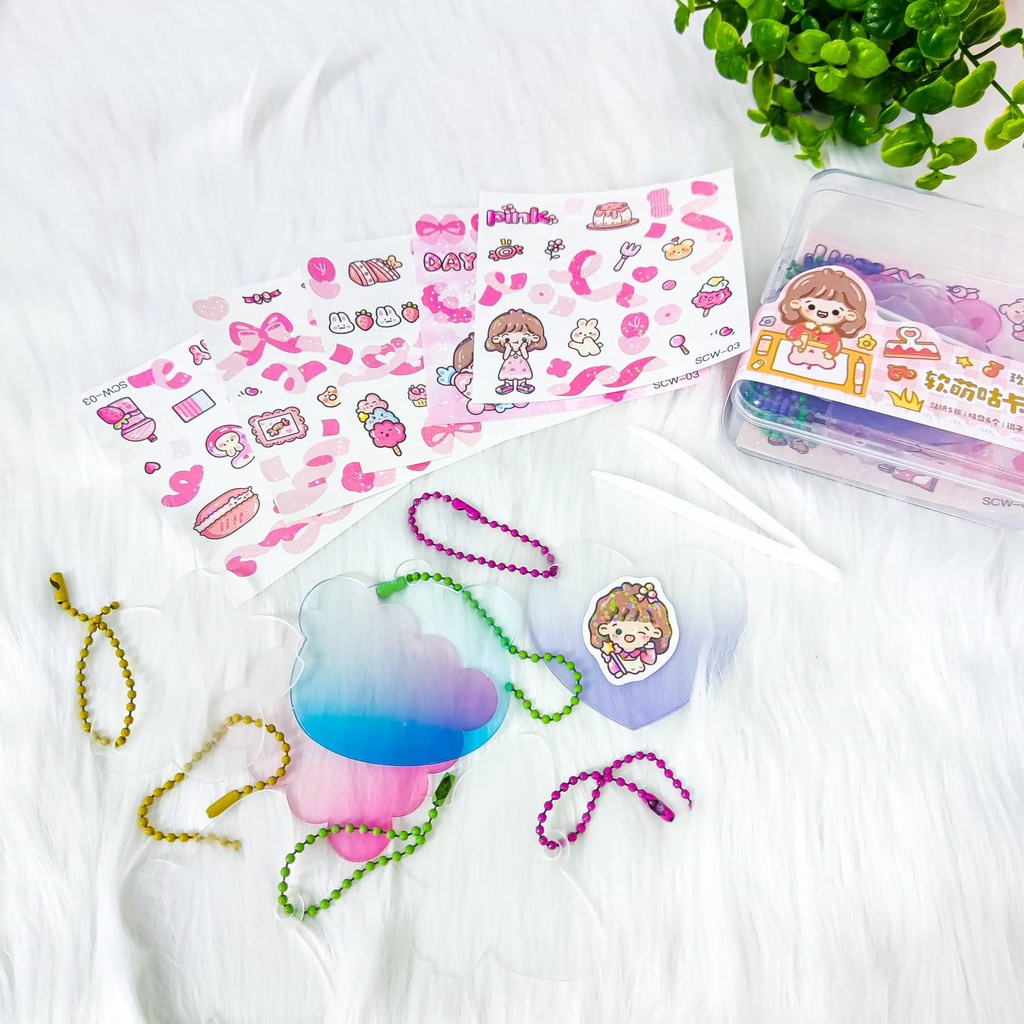"Paket DIY Sticker 3 IN 1 Gantungan Kunci Pinset Penjepit kreatifitas anak JBE-SCW Set Daily Manual Cute Pattern Decorative Tape  Sticker Gift Box"