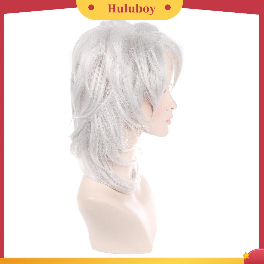 Wig Rambut Sintetis Model Panjang Sedang Keriting Warna Silver Putih Untuk Pesta Cosplay Anime