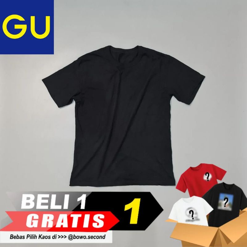 Kaos Pria Merk GU warna Hitam Size M ( BELI 1 GRATIS 1 ) // BOWO2ND SECOND BRANDED