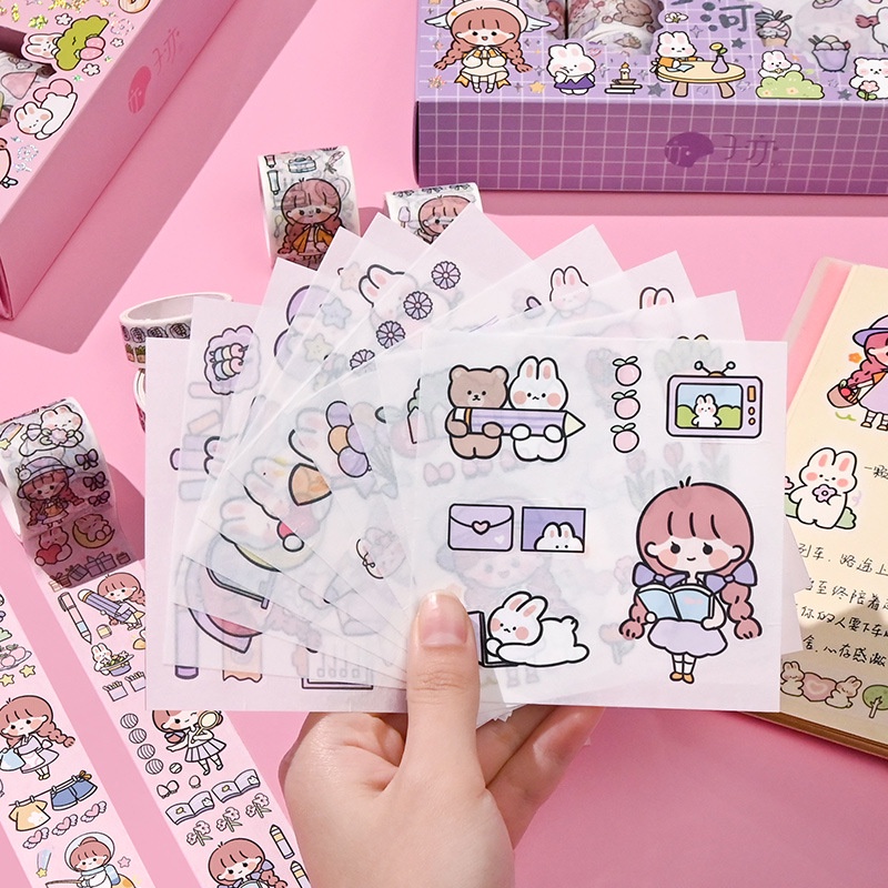 10 Stiker + 10 Gulungan Pita Stiker 10/20 Gulungan Pita Rekening Buatan Tangan Stiker Kartun Set Album Dekorasi Buku Harian 50 Lembar Stiker Rekening Buatan Tangan Bahan Alat Tulis DIY Gratis
