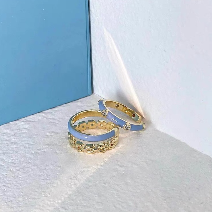 Biru Lapisan Ganda Terbuka Cincin Drip Glasir Cincin Polos Mode Cahaya Mewah Niche Unik ins Gaya Cincin Perhiasan