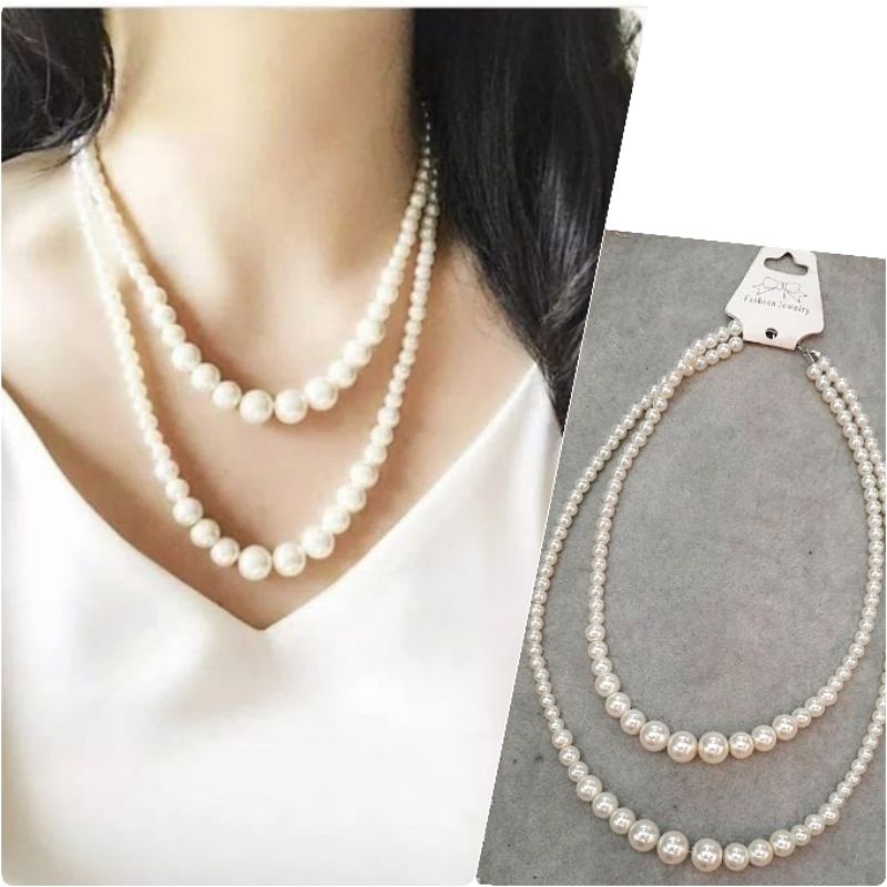 Kalung Fashion Mutiara Pearl model susun 2 tidak karatan Kalung pearl Mutiara Premium Quality Tidak Berkarat 06