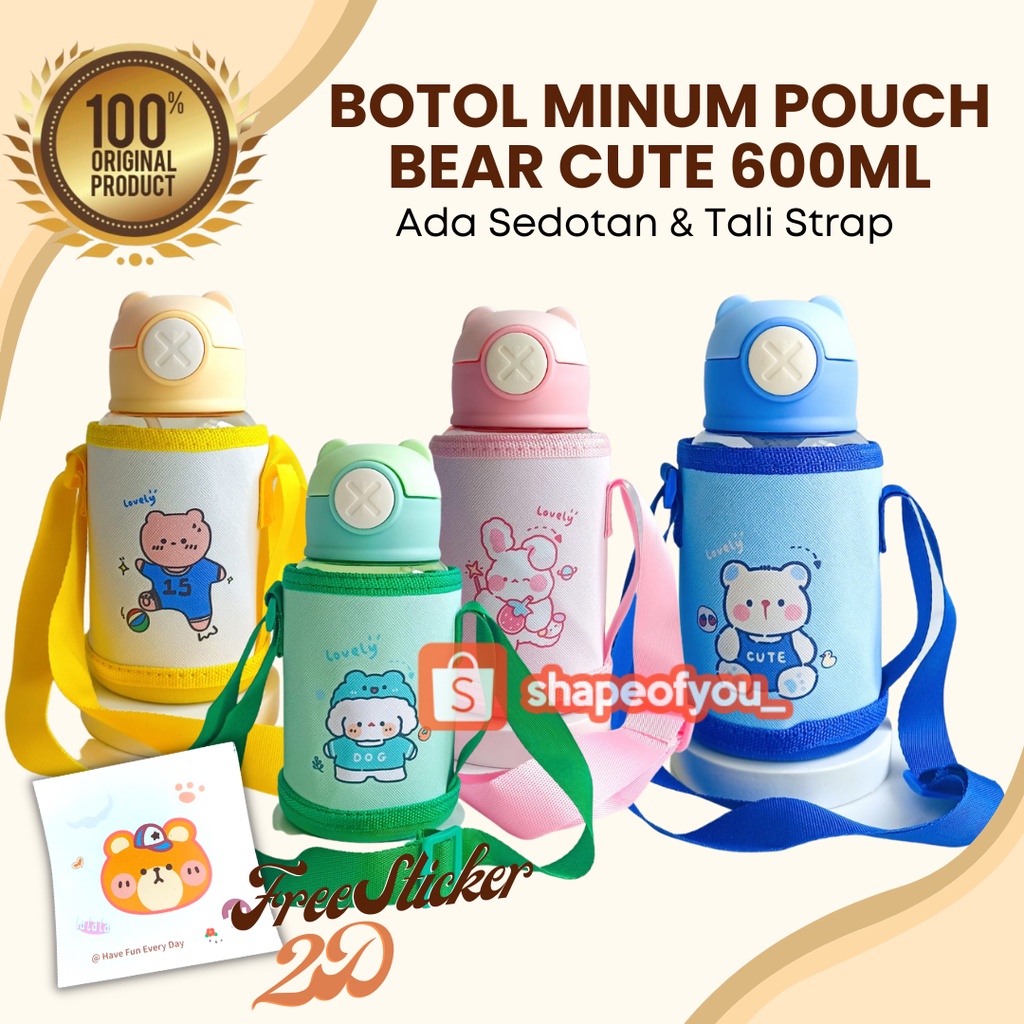 Botol Minum Anak Pouch Botol Anak Sedotan Tali Panjang 600ml Premium Bear Bottle Pink Biru