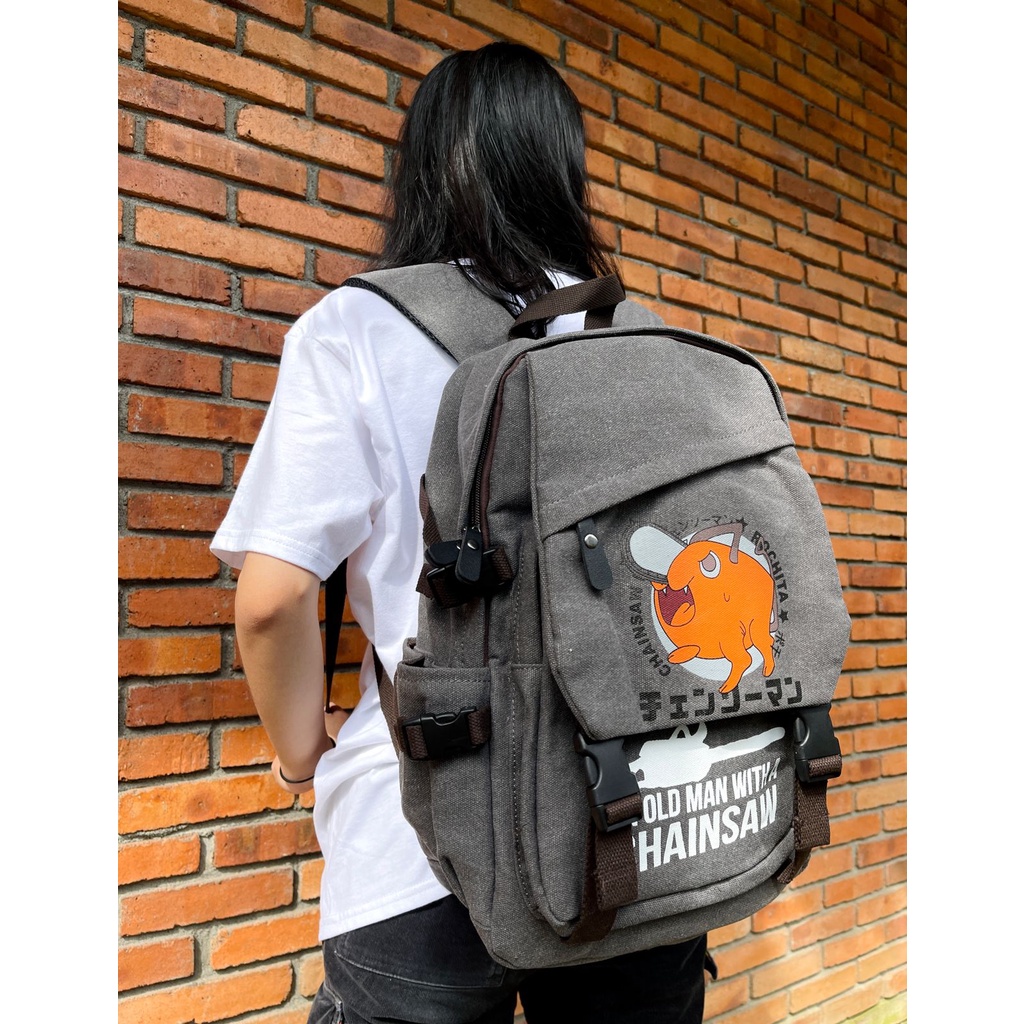 Bagpack Pochita Kanji Canvas Grey Anime Manga Chainsaw Man Premium Unisex