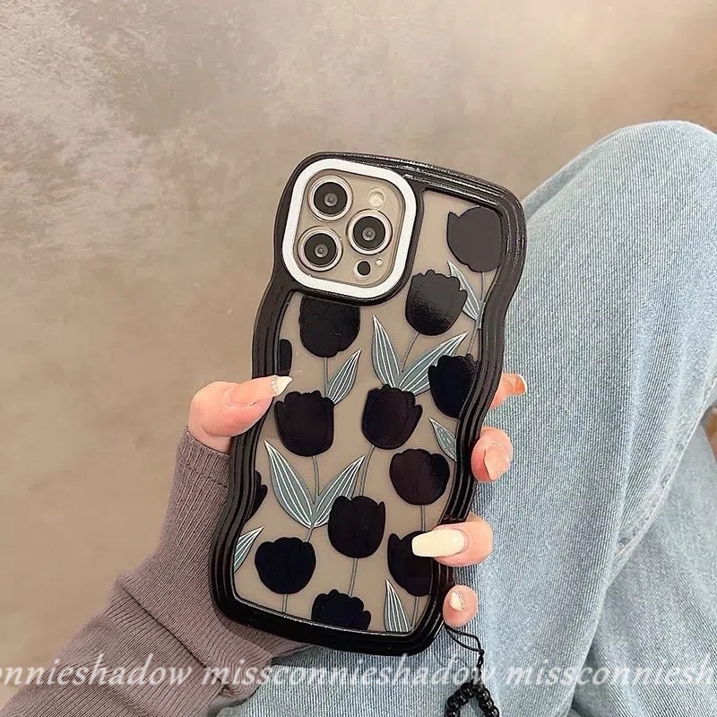 Case Kompatibel Untuk iPhone XR 11 Pro Max7 8 6s 6 Plus12 13 14 Pro Max14 Plus X XS MAX SE 2020gelombang Tepi Hitam Tulip Daun Hijau Silikon Lembut Back Phone Cover