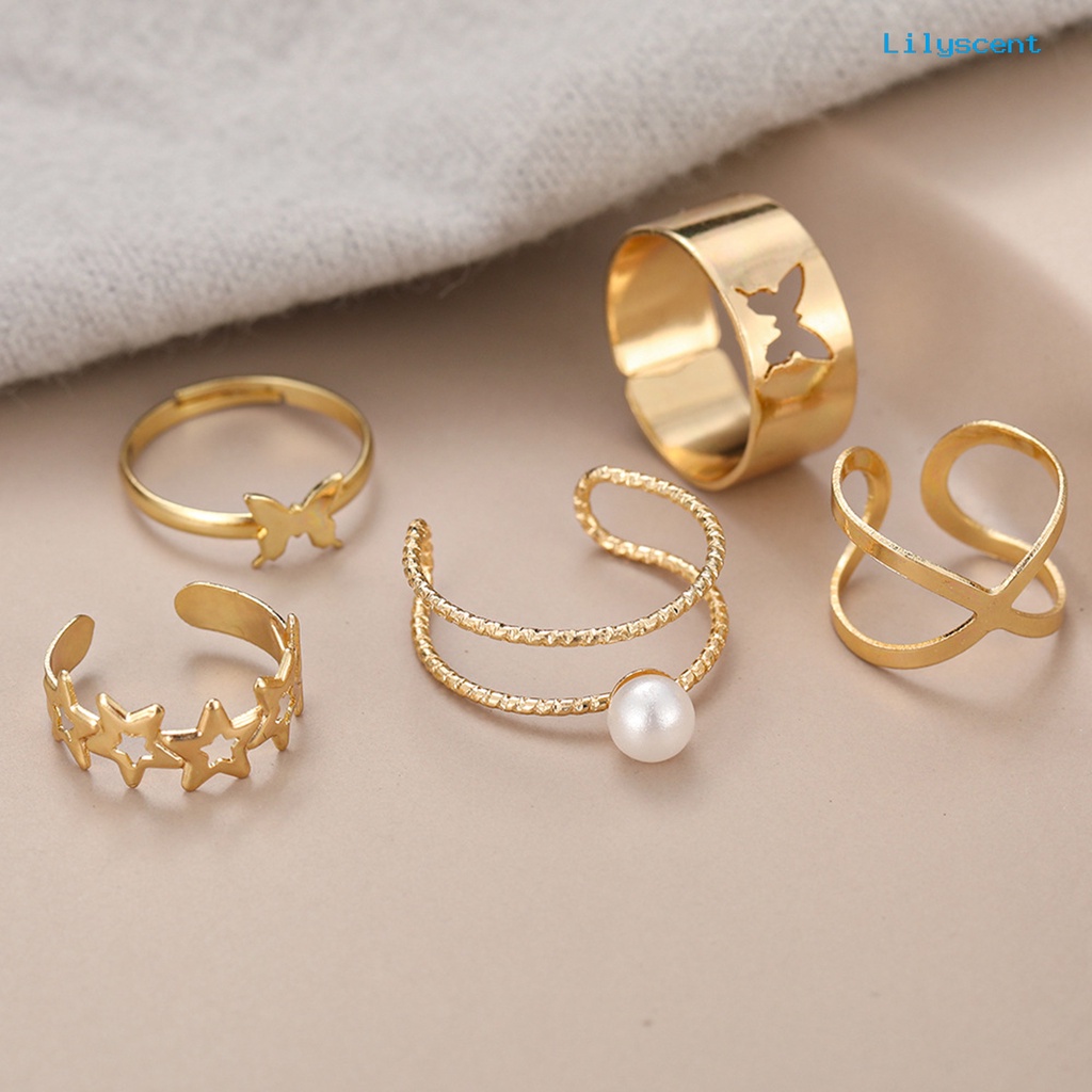 [LS]5Pcs Cincin Jari Melubangi Bintang Kupu-Kupu Perhiasan Vintage Stackable Rings Untuk Pakaian Sehari-Hari