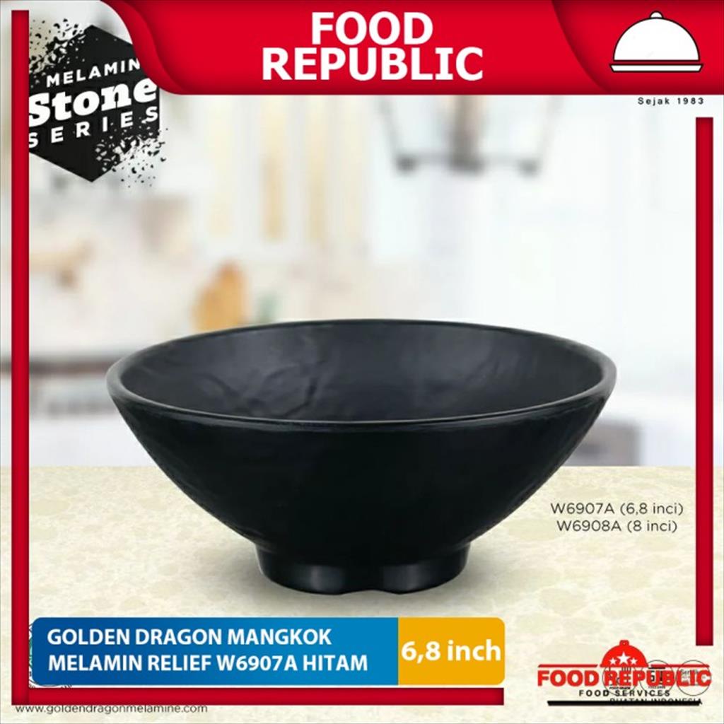 Golden Dragon Mangkok Mie 6,8 Inch Melamine Relief Batu W6907A Hitam