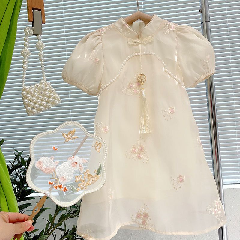 Dress Cheonsam Anak Perempuan Import Bunga Mutiara Brokenwhite