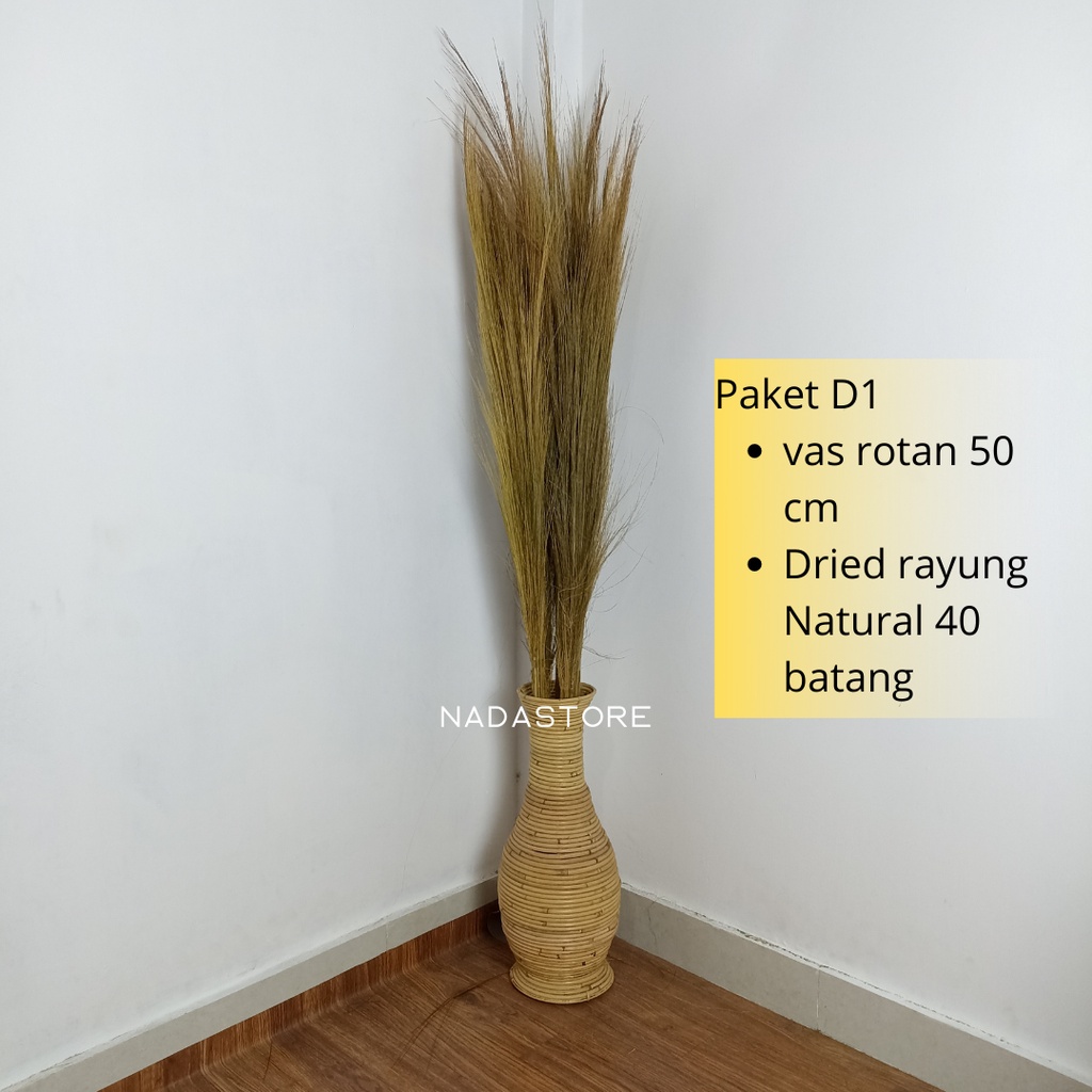 PAKET HEMAT BUNGA PAMPAS 40 BATANG DAN VAS ROTAN TINGGI 50 CM