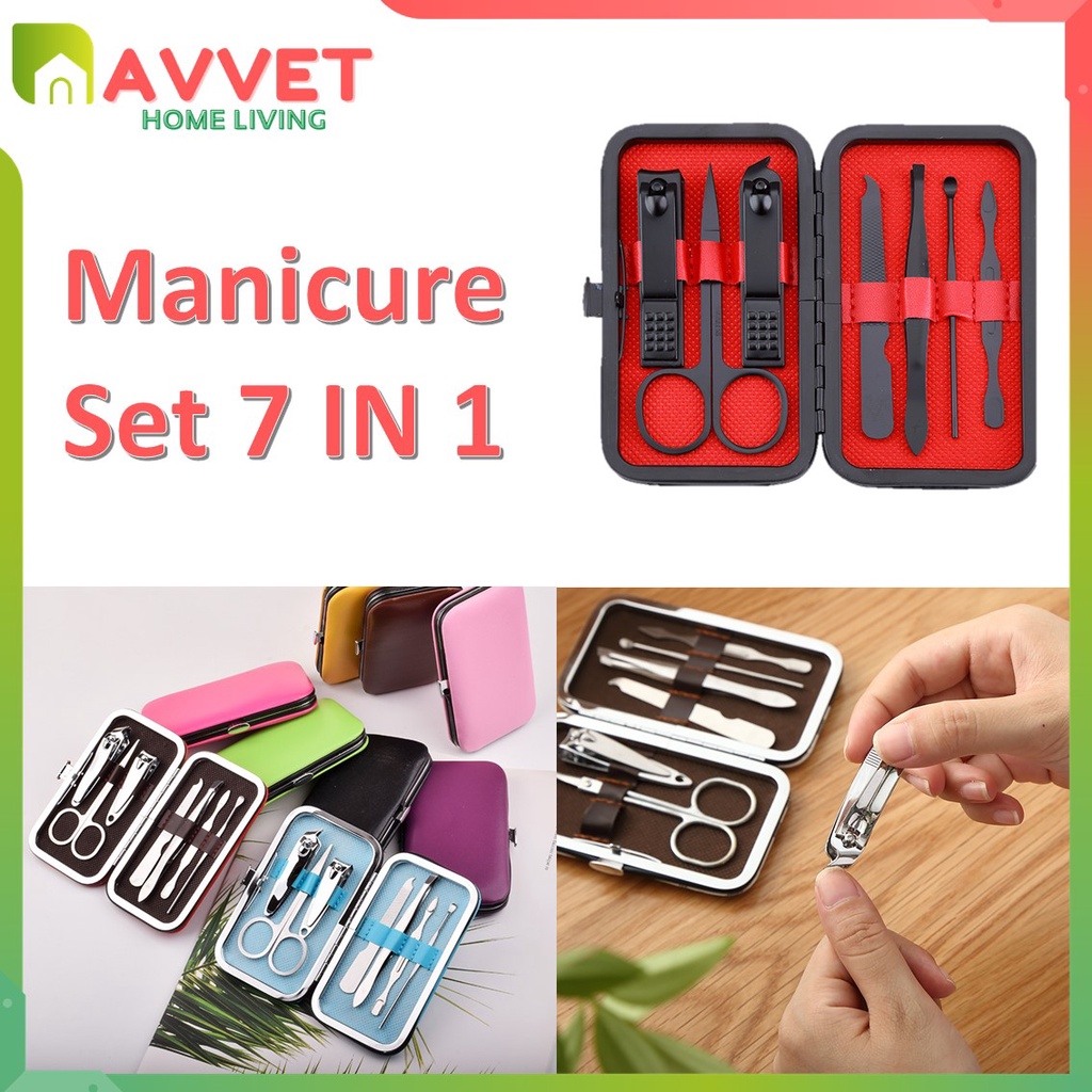 AVVET Manicure Set 7 in 1 Gunting Kuku Nail Art Set Dompet Menicure Pedicure Set Gunting Kuku Stainless