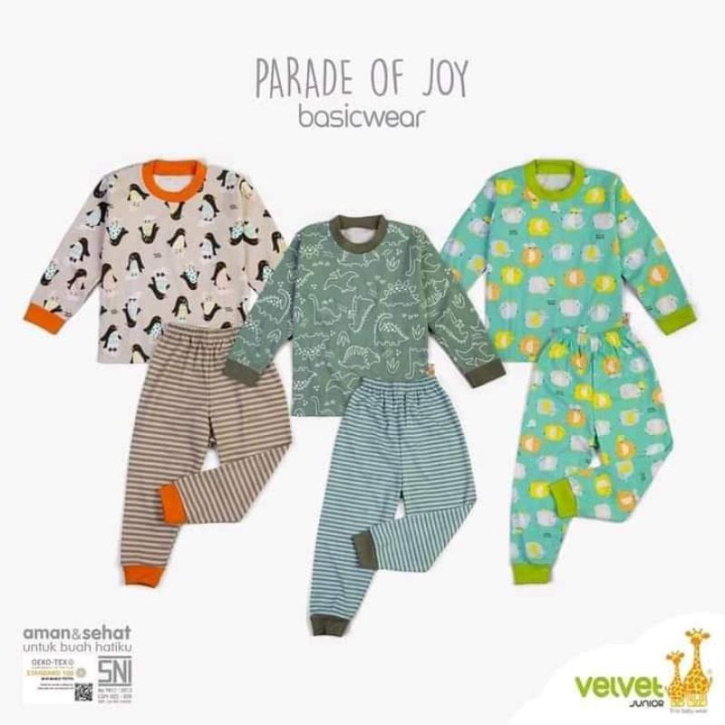 Velvet Junior 3 Setelan Panjang Oblong SML Baju Bayi Kacing Pundak Piyama Baby Baju Tidur Anak