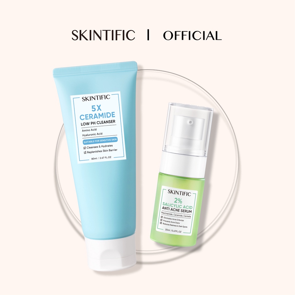 SKINTIFIC Set - 5X Ceramide Low pH Cleanser 80g Face Wash Sabun Cuci Muka + SKINTIFIC 2% Salicylic Acid Anti Acne Serum 20ml Totol Jerawat