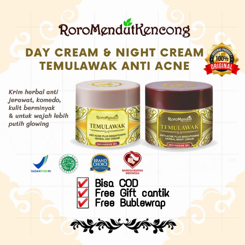 [FREE GIFT] RORO MENDUT DAY CREAM & NIGHT CREAM TEMULAWAK ANTI ACNE, OBAT JERAWAT, BPOM HALAL, TEMUL