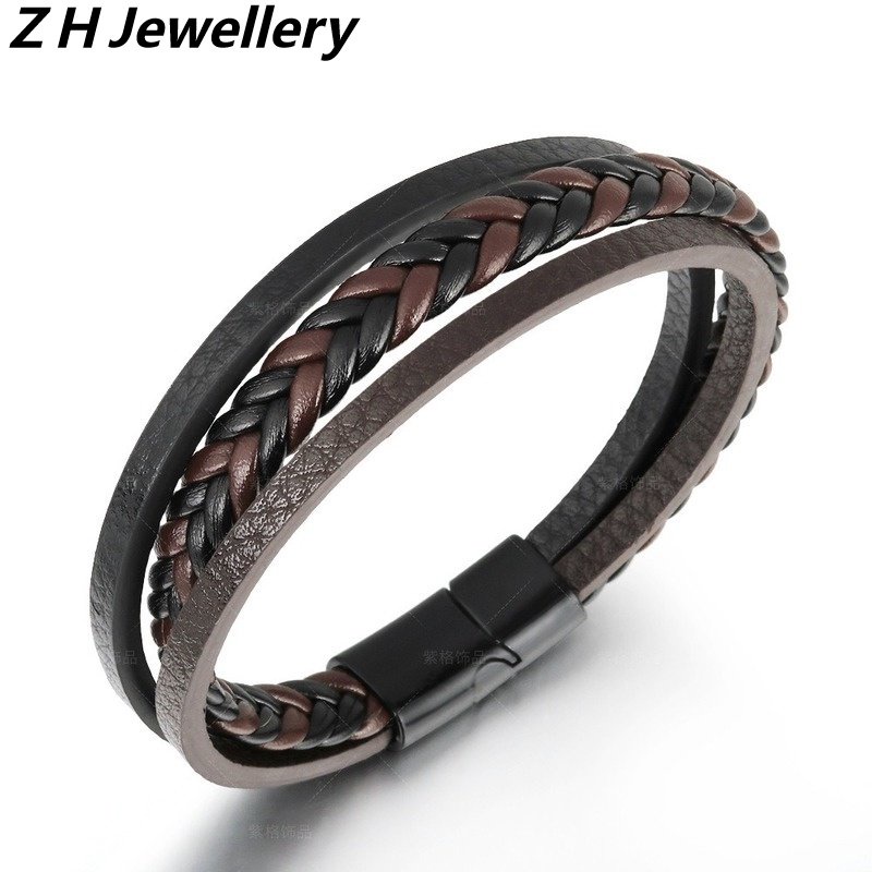 [Z H Perhiasan] Hip Hop Rock Retro Pria Fashion Gelang Kulit Stainless Steel Pesta Perhiasan Aksesoris