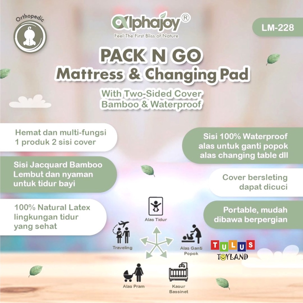 Alphajoy PACK N GO Mattress Changing Pad Latex Waterproof Alas ompol kasur tidur bayi fit to Pliko Vancouver Babyelle Novelty Babydoes Jiraff busa natural lateks bamboo bassinet matras traveling baby