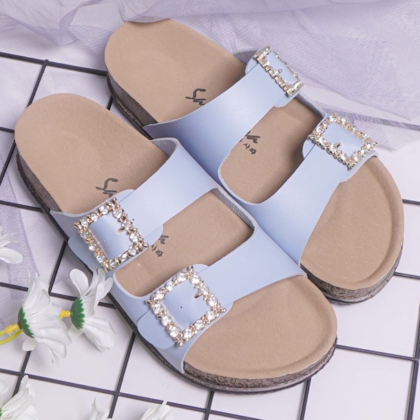 SARASARA YUK - KIMMY Sandal Wanita Slop Casual Size 36 - 41 Model Birken Sol Puyuh Sara Sara Sendal Cewek Kulit Santai Rumahan Strap Gesper dua Kristal Blink Empuk 37 38 39 40 Warna Blue Biru Soft Selop Anti Slip Original Shoes ORI Mall Official Store