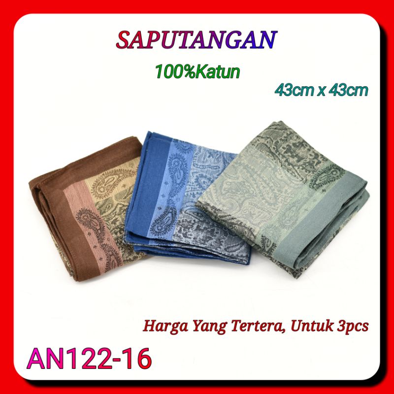 3pcs Sapu Tangan AN122 43cm x 43cm Katun Import