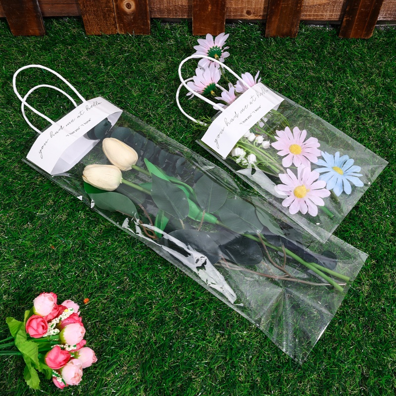 1pc PVC Clear Bag Flower Bouquet Bagging Tas Hadiah Transparan Untuk Pernikahan Valentine Day PVC Gift Bags Tote Panjang Untuk Kolokasi Packaging Portable Florist Dekorasi