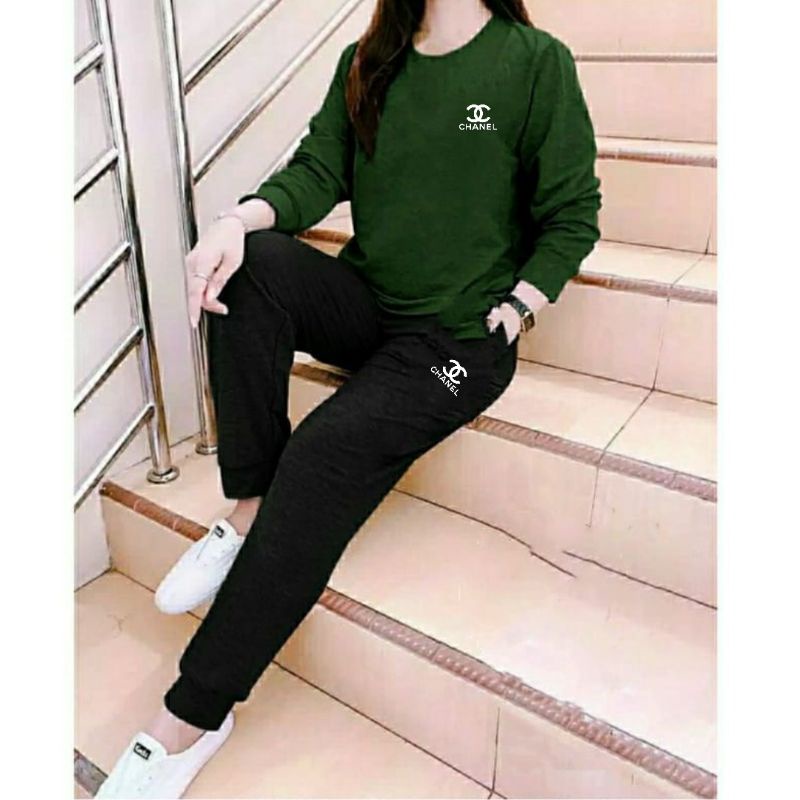 SETELAN Wanita Onet Set CHANNEL Lengan Panjang +Celana Jogger keren dan Trendy Kaos Distro keren Setelan Terkini wanita