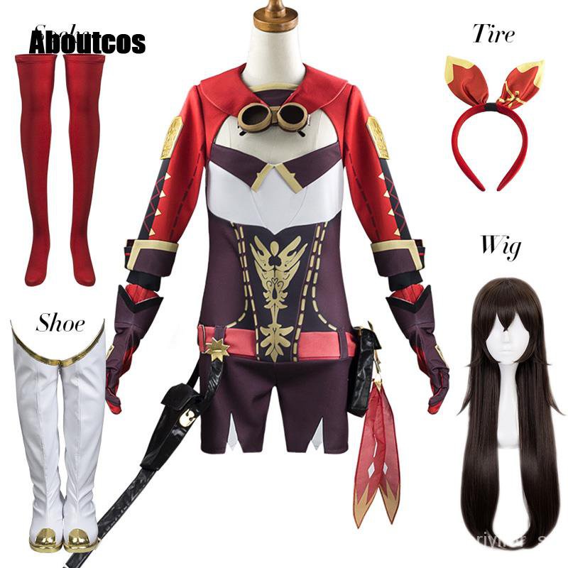Aboutcos Genshin Impact Amber Cosplay Costume Jumpsuit Outfits Halloween Carnival Suit Clothing Wig