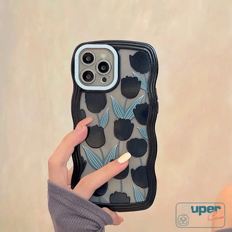 Casing Bunga Tulip Retro Untuk Realme C55 C33 C25 C30 C12 C11 C25s C25Y C35 C15 C21Y C20 8i 8 8Pro 9i 9 9Pro+C3 7i 5i 6i 5 7 C1 C20A Soft TPU Black Wavy Edge Case