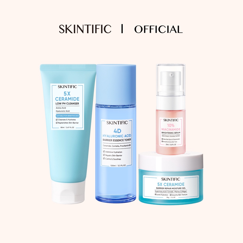 SKINTIFIC- 5X Ceramide Low PH Cleanser Gentle Cleanser & 4D Hyaluronic Acid ( Ha ) Barrier Essence Toner & Niacinamide Brightening Serum & 5X Ceramide Barrier Repair Moisture Gel (Pembersih+Toner Pelembab+Serum Mencerahkan+Pelembab Wajah)