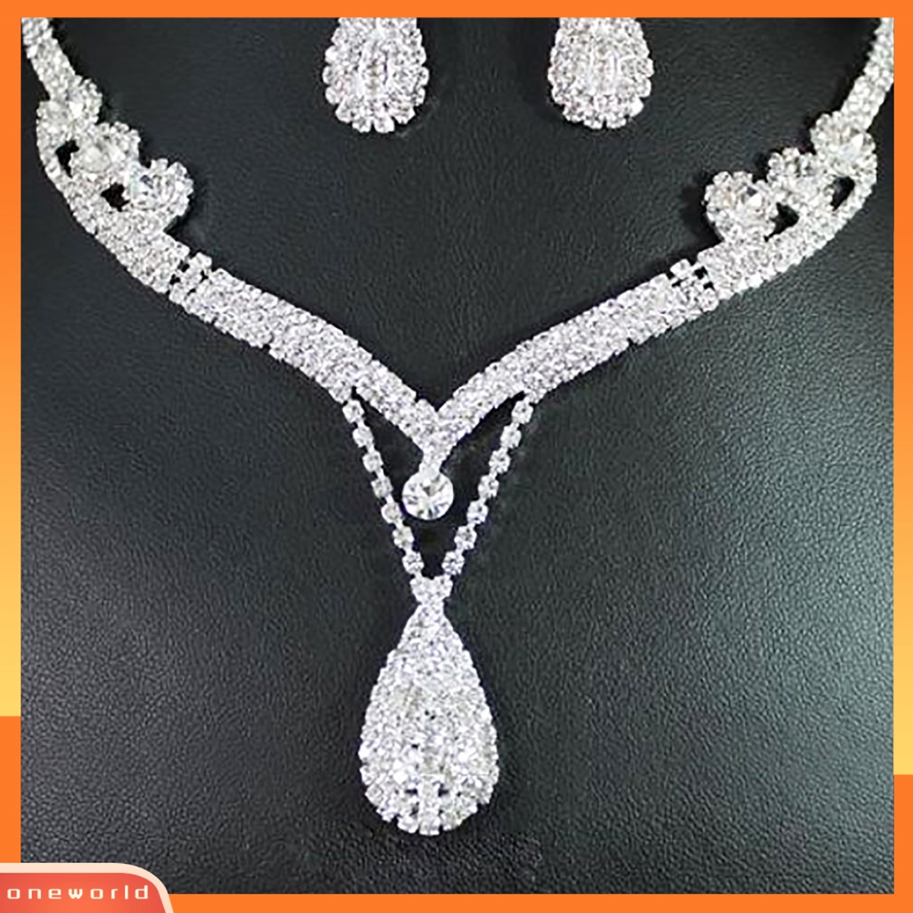 Set Anting Kalung Pernikahan Pengantin Tetesan Air Kristal Berlian Buatan Austria Bening