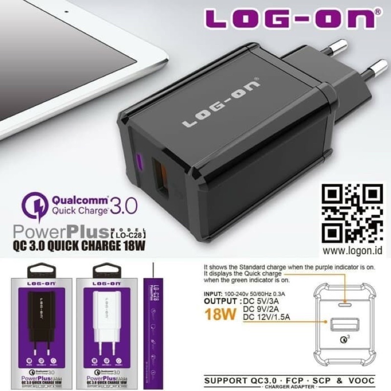 ADAPTOR CHARGER QC 3.0 VOOC FCP SCP 18W - LOG ON POWER PLUS LO-C28 - MICRO dan Tipe C