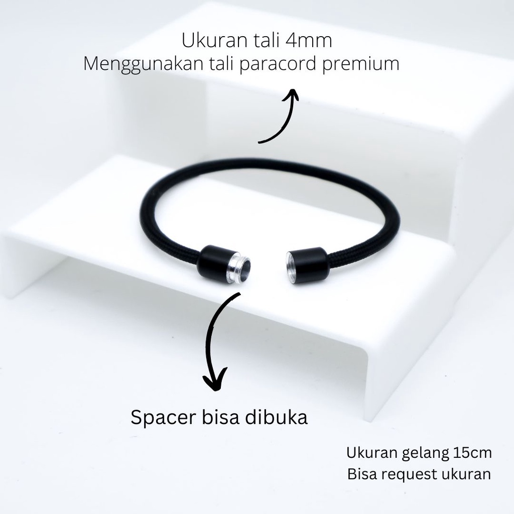 Gelang Paracord 4mm Tali Hitam Classy Casual Sporty Style Pria Wanita Couple Premium Bracelet Spacer Ulir Alloy