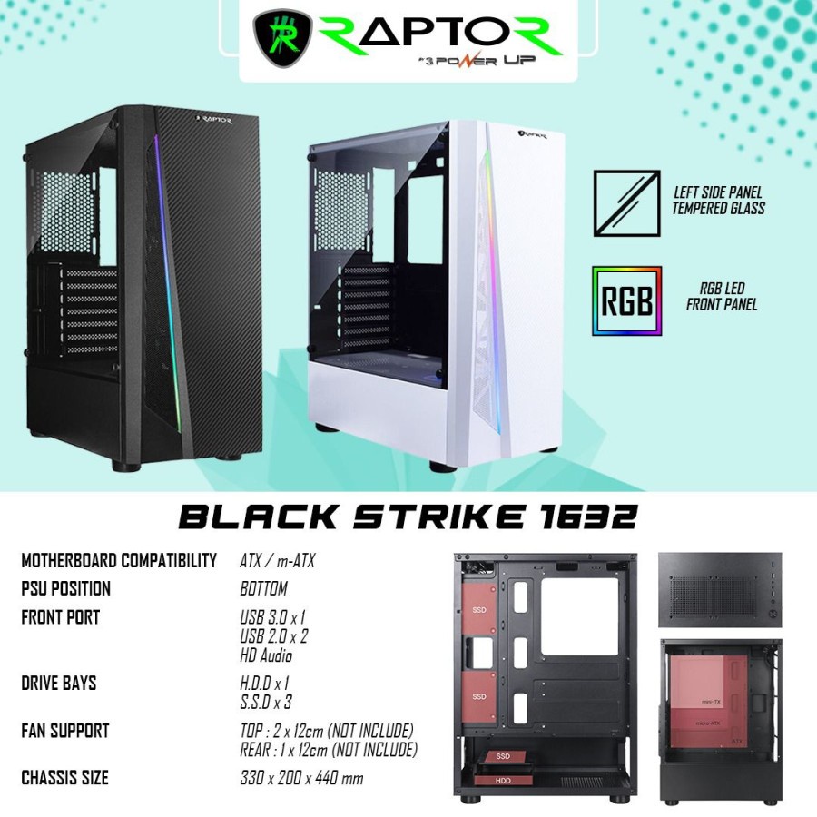 Casing Raptor Black Strike 1632 White RGB Casing PC Gaming