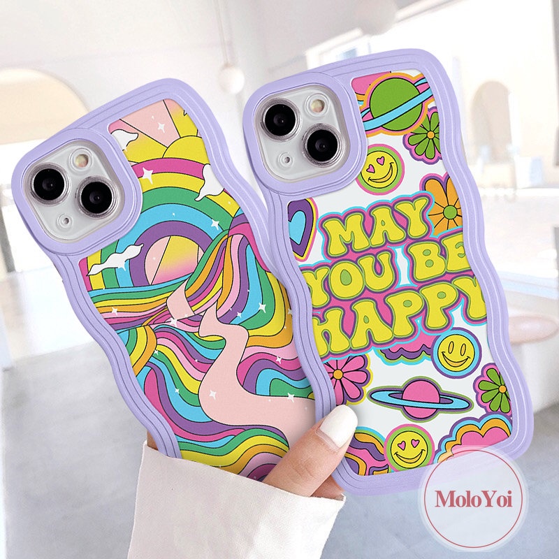 IPHONE Casing Case Compatible Untuk Iphone6 6s 78 Plus 11 13 12 14 Pro Max XR X XS Max14 Plus 7Plus 8Plus SE 2020 Wavy Edge Casetify Warna Warni Rainbow Smile Wish You a Happy Label Soft TPU Cover