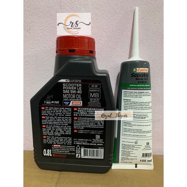 Oli Motul Scooter Power LE Sae 5W-40 Full Synthetic 0,8Liter(Orange) &amp; Oli Gardan Motul 120ml / Oli Gardan Castrol 120 Original