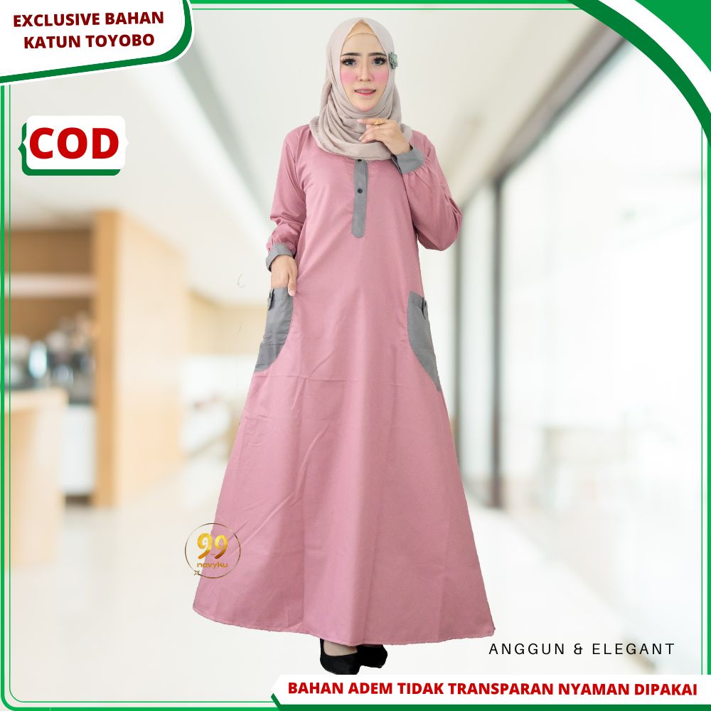 Baju Gamis Wanita Bahan Katun Toyobo Premium Kombinasi dua Warna Terbaru Kekinian Elegan Busui A13
