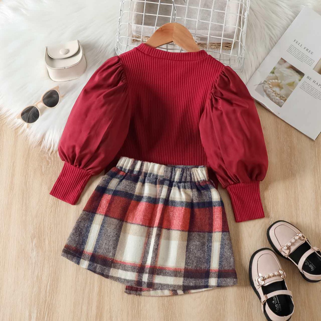 ( LOLI-JKT) BS-359 SETELAN ANAK MAROON SKIRT KOTAK SIZE 90-140