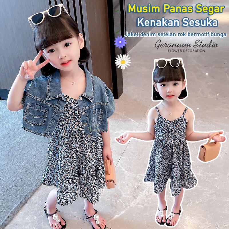 LNR Shop 2 in 1 Jaket Denim + Setelan Dress Bermotif Bunga Untuk Anak Perempuan Dua Potong Terpisah Baju Liburan Jalan Jalan Travelling Hari Raya Musim Panas Baju Pantai Kenakan Sesuka !