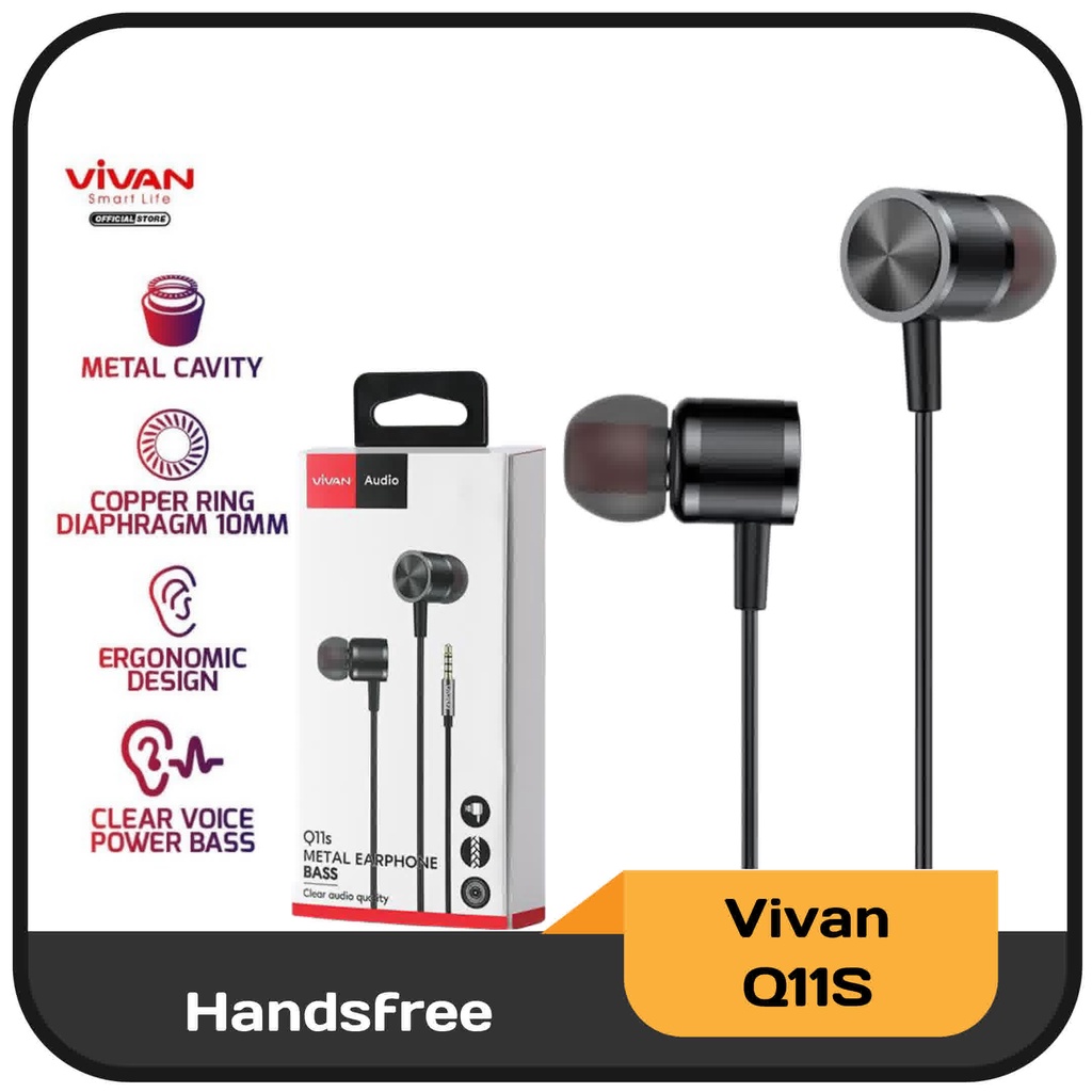 Handsfree Bass Vivan Q11S In-ear Metal Ergonomic Design - Black