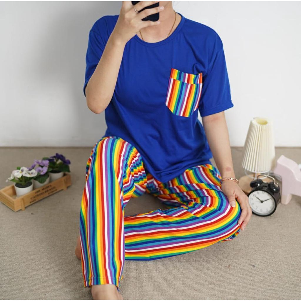 BEFAST - ZFS SETELAN PIYAMA KARIN / SET PIYAMA ILONA / Piyama Couple Terlaris / Oneset Tidur Rainbow / Pakaian Tidur Wanita Remaja / Set Atasan Kaos Lengan Pendek+Celana Panjang / Piyama Ada Kantong / Termurah