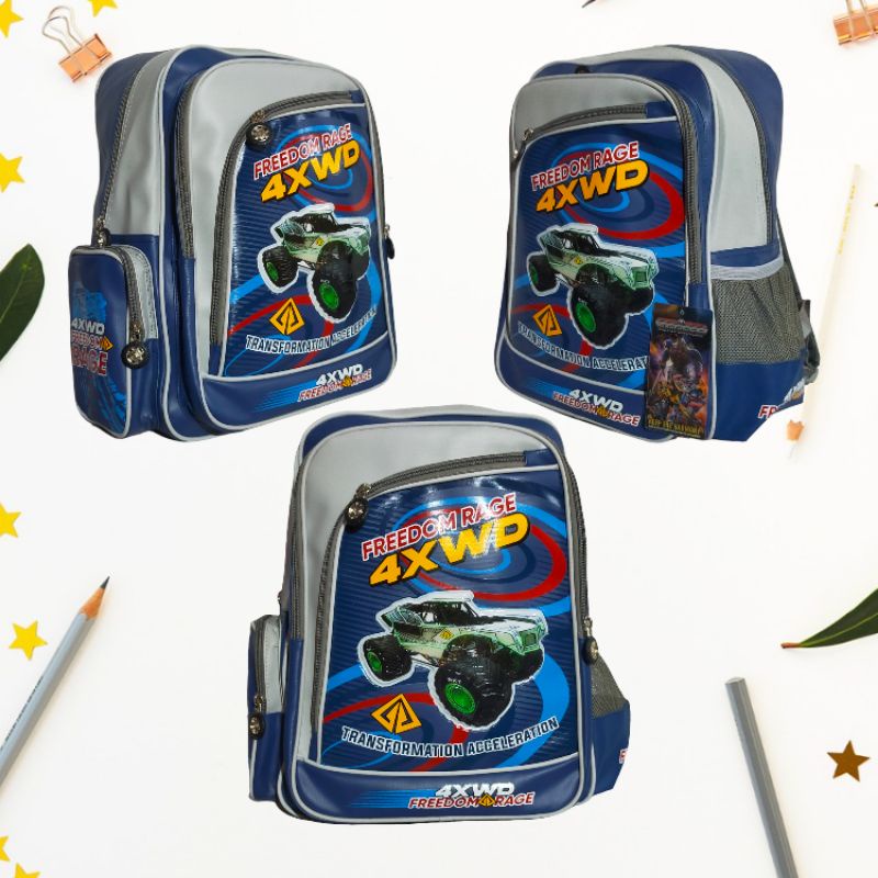 tas ransel anak cowok / laki - laki TK - SD Alto kids original mobil monster free rain cover