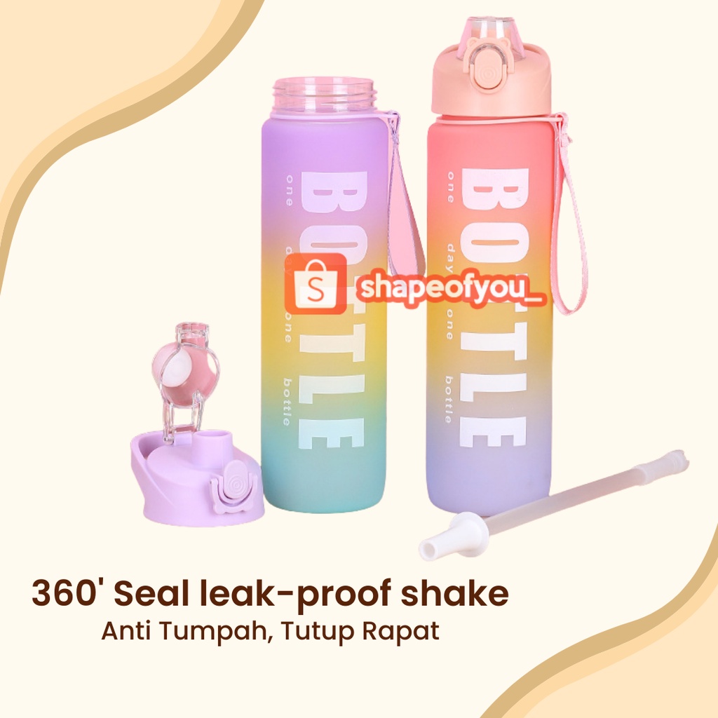 Botol Minum 1 Liter New Botol Viral Rainbow Korea Sporty Free Sticker 2D Premium Sedotan Tali Strap Hitam Pink