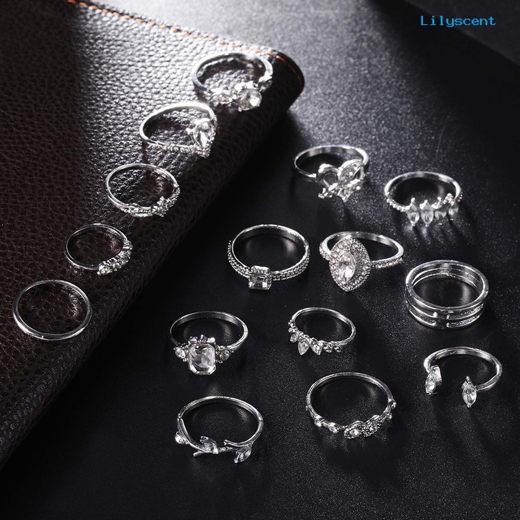 [LS]15Pcs /Set Cincin Jari Individualitas Kreatif Alloy Pola Berbeda Cincin Berlian Imitasi Untuk Kehidupan Sehari-Hari