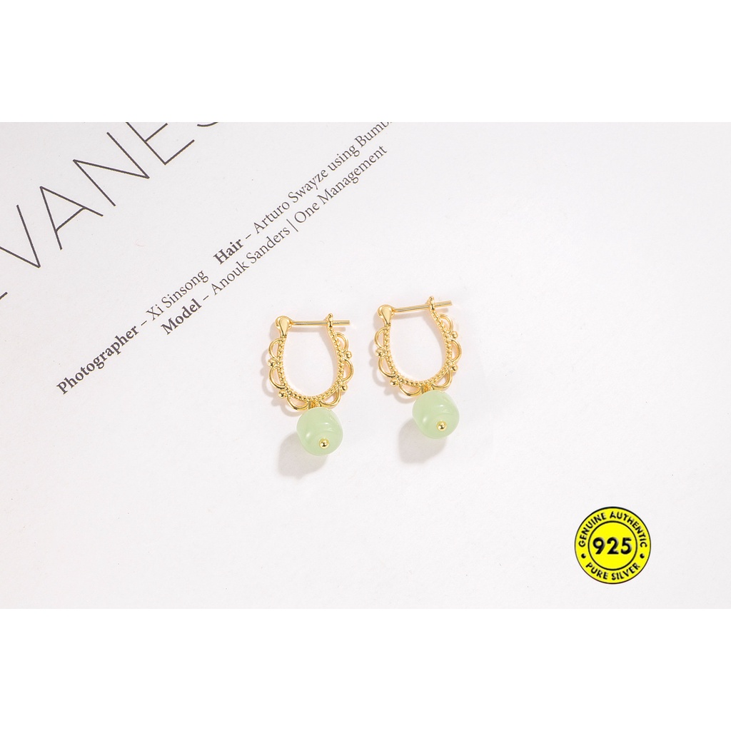 18k Emas Vintage Hetian Jade Earrings Wanita Gaya Pengadilan Anting Bermutu Tinggi U1169