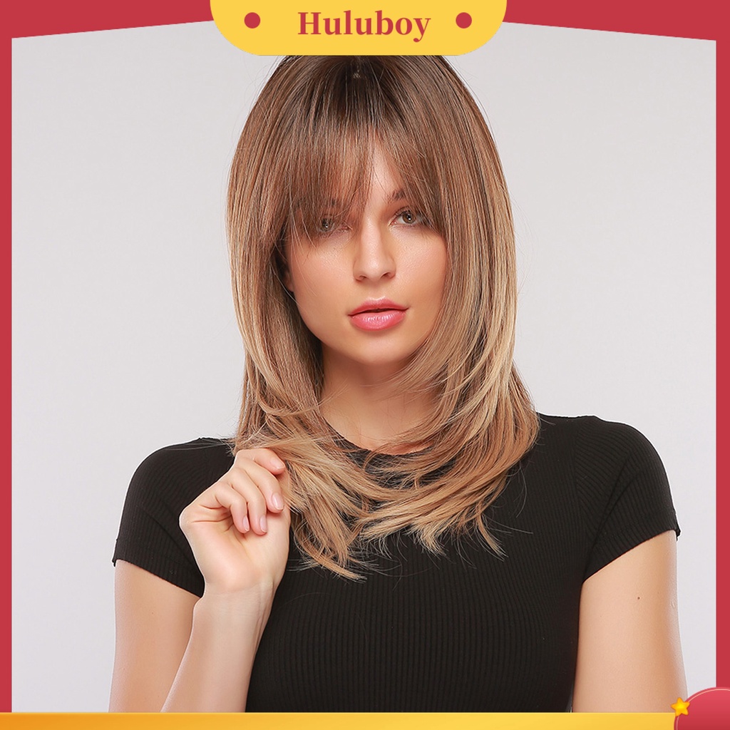 Wig Rambut Sintetis Model Panjang Warna Emas Dengan Poni Untuk Wanita