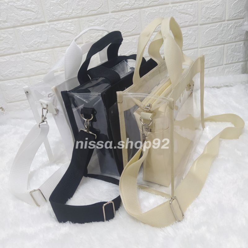 Tas tote bag resleting pvc transparan mica kanvas pouch/tas konser serbaguna