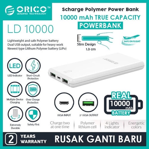 Power bank orico 10000mah polymer dual usb 2.4a fast smart charging ld100 - powerbank 10000 mah ld-100