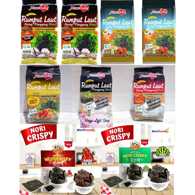 

Nori Crispy Snack rumput laut mamasuka rumput laut snack seafood rice paper barbeque balado garing cemilan seaweed snack seafood murah halal