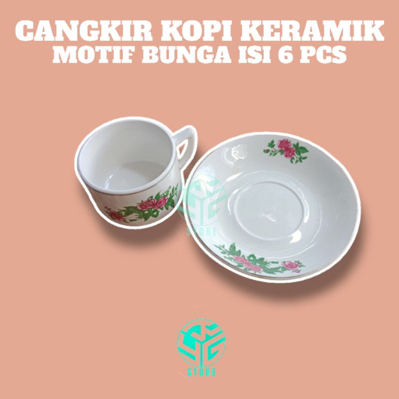 Cangkir Kopi Kecil Keramik Motif Bunga/Cangkir Jadul isi 6pcs + tatakan