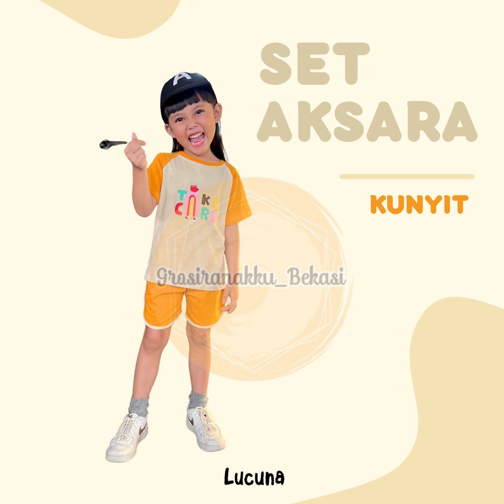 Setelan Anak Cewek Aksara Lucuna Warna Kunyit Size 1-5 THN