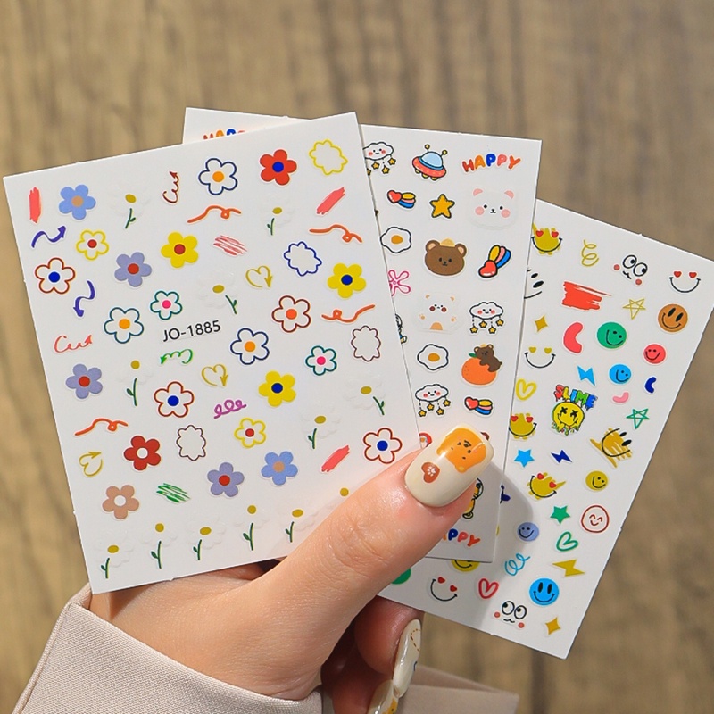 Lucu Kartun Beruang Kelinci Stiker Kuku Motif Bunga Manis Stiker Dekorasi Kuku DIY Alat Kuku Trim Slider 3D Nail Art Decal