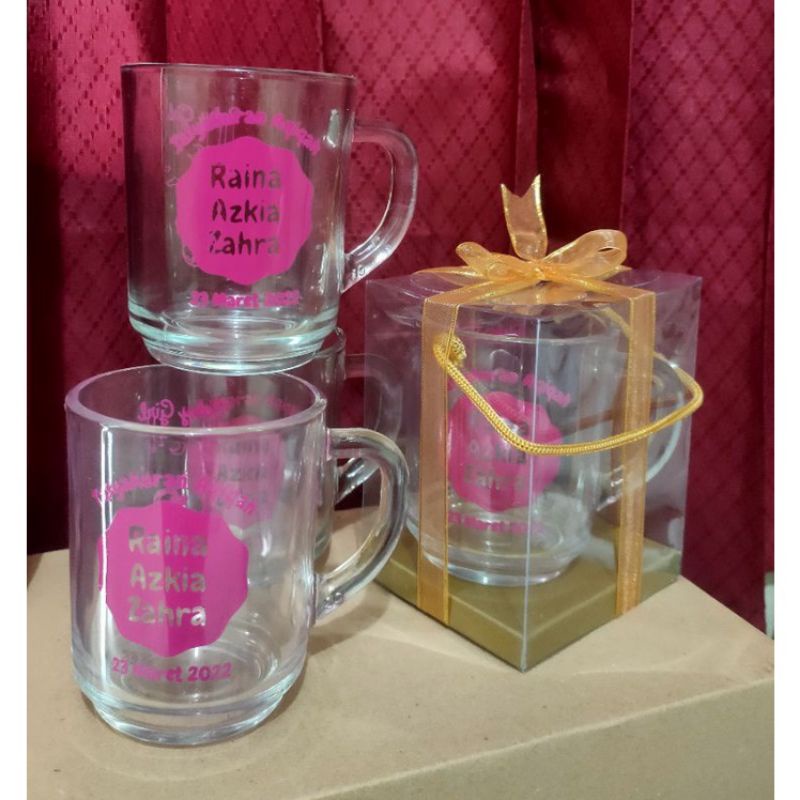 Souvenir gelas gagang + Sablon custom